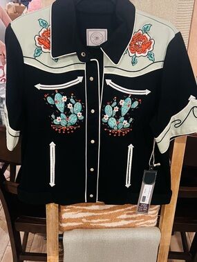 Double D Ranch Black Western rose/cactus Jacket with Turquoise & red Embroidery